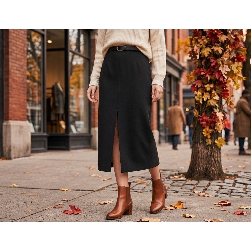 Talbots Petites Black Midi Skirt 4P Slit Pencil Career Office Professional Lined